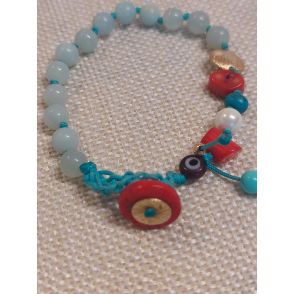 Handmade Evil Eye Beaded Bracelet Adjustable Boho Coral Turquoise Gold Tone